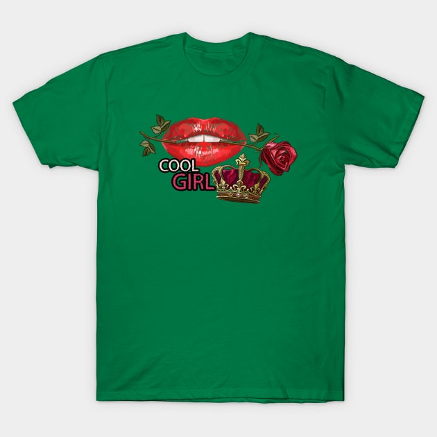 Red lips golden crown embroidery T-Shirt by Mako Design 